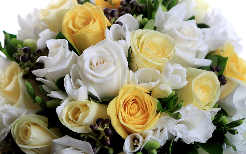 wedding bouquet, roses, white roses, yellow roses, HD wallpaper