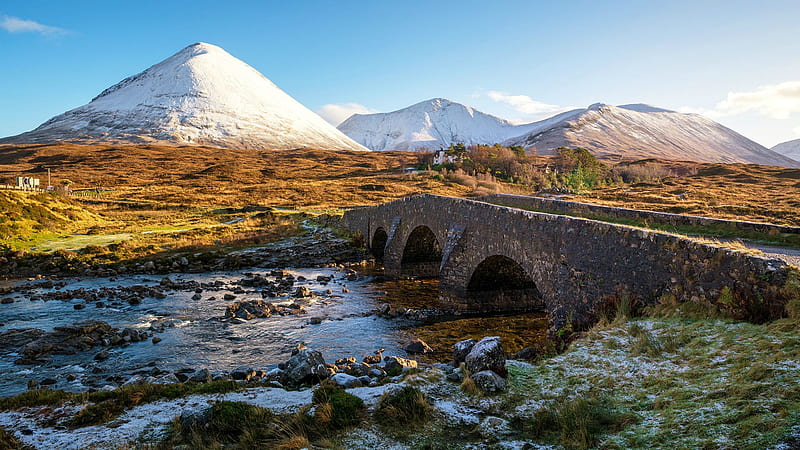 Bridge on the Isle of Skye, Scotland, nature, scotland, bridge, mountains, snow, HD wallpaper