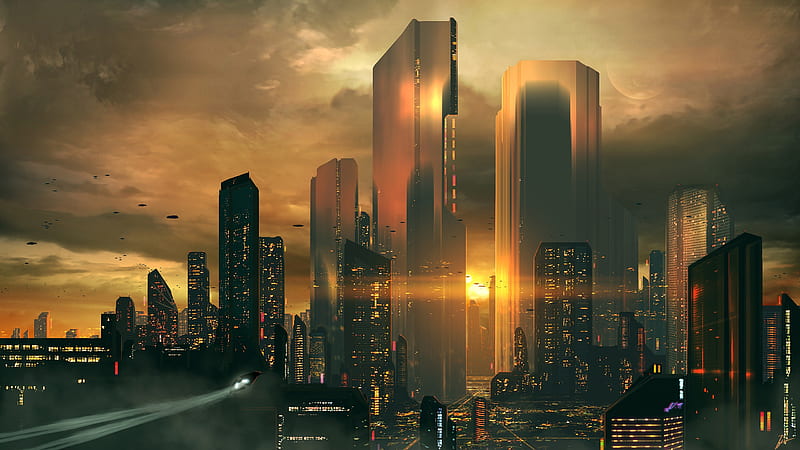 futuristic cityscape, skyscrapers, sunset, flying vehicles, Sci-fi, HD wallpaper