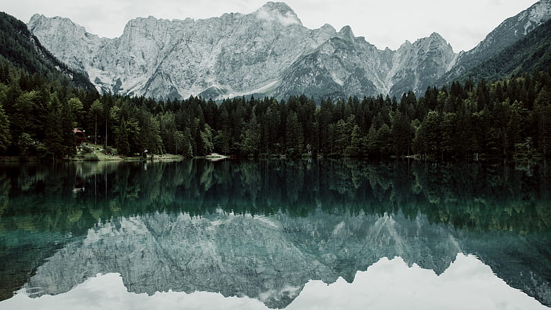 lake, mountains, trees, landscape, reflection, HD wallpaper