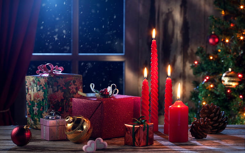 Nochebuena, Adornos, Navidad, cortina, Arcos, luces, bodegón, piñas,  madera, Fondo de pantalla HD | Peakpx