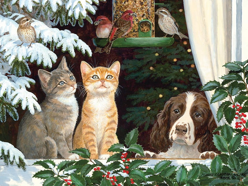 Christmas songs, window, persis clayton weirs, craciun, christmas, pasare, caine, cat, animal, winter, pet, bird, irs, kitten, pisica, dog, HD wallpaper