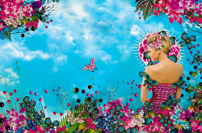 Spring Fantasy, colorful, art, bonito, spring, woman, blossom, fantasy, girl, digital, flowers, lamamake, HD wallpaper