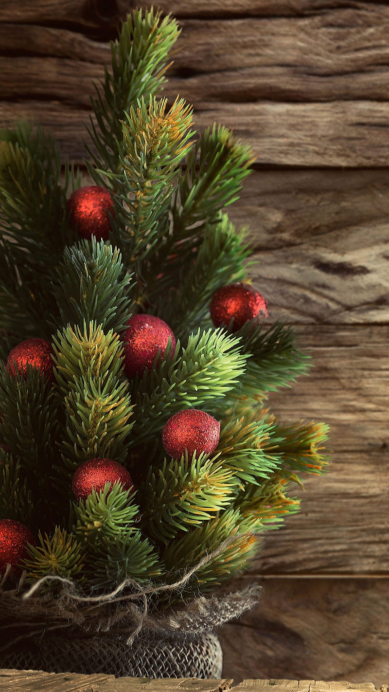 Christmas tree, holidays, merry christmas, red balls, wood, wooden, HD phone wallpaper