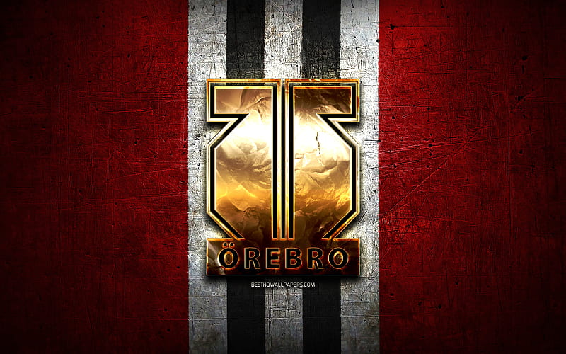 Orebro HK, golden logo, SHL, red metal background, swedish hockey team, Swedish Hockey League, swedish hockey league, Orebro HK logo, hockey, HD wallpaper