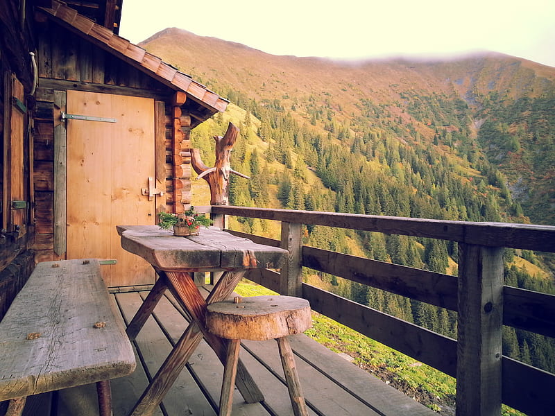 brown wooden table and bench near wooden balcony overlooking mountain at daytime, HD wallpaper