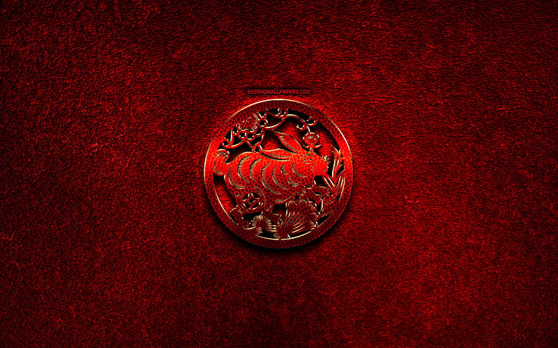 Rabbit, Chinese zodiac, red metal signs, creative, Chinese calendar, Rabbit zodiac sign, red stone background, Chinese Zodiac Signs, Rabbit zodiac, HD wallpaper