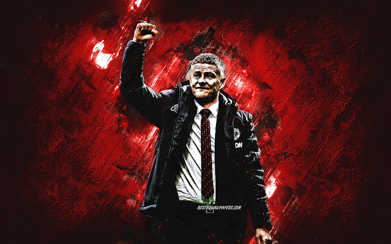 Ole Gunnar Solskjaer, Norwegian football coach, Manchester United FC, MU coach, red stone background, football, HD wallpaper