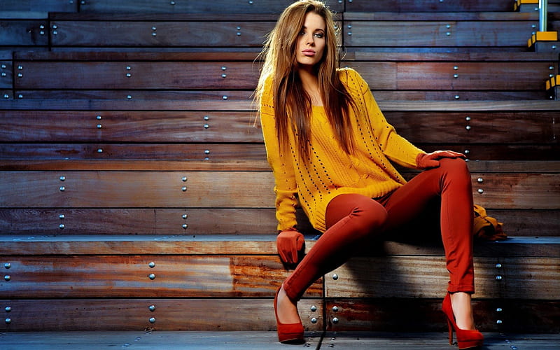 bonito, autum, red, high heels, model, blonde, long hair, HD wallpaper
