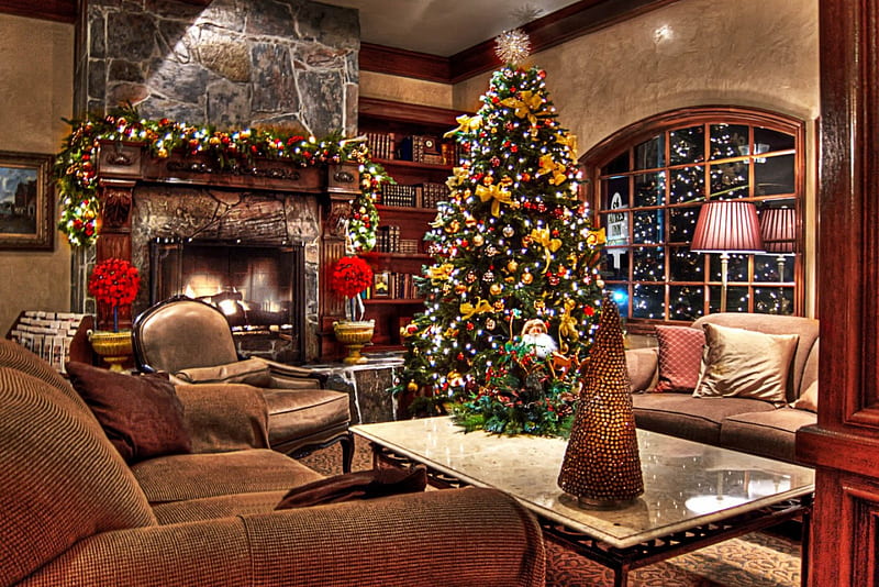 Merry Christmas, fireplace, tree, christmas, xmas, HD wallpaper