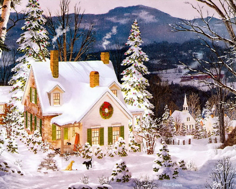 Christmas house, pretty, house, cottage, home, cabin, bonito, deeo, mountain, nice, painting, village, frost, lovely, view, holiday, christmas, decoration, new year, trees, mood, winter, snow, frozen, HD wallpaper
