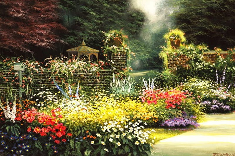 Private Gazebo, plants, painting, flowers, path, garden, wall, artwork ...