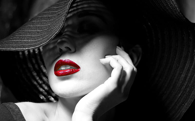 Beauty, red, model, black, woman, lips, hat, bw, girl, hand, face, white, HD wallpaper