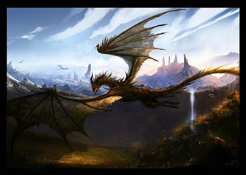 The Elder Scrolls, games, video game, game, video games, clouds, dragon, humans, dragons, fantasy, valleys, wings, tail, sky, trees, axe, weapons, mountains, flying, scales, HD wallpaper