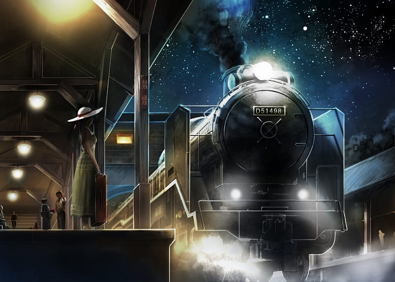 Estación de tren, locomotora, tren, niña, anime, noche, Fondo de pantalla  HD | Peakpx