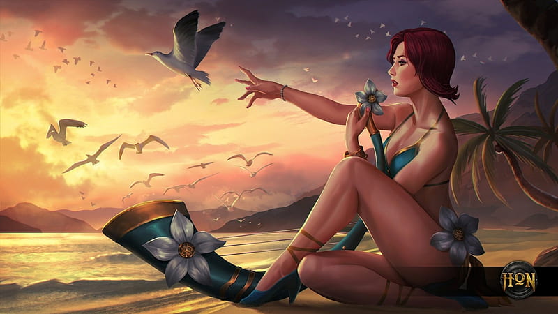Luau Rhapsody, art, game, heroes of newerth, woman, sea, fantasy, girl, bird, summer, HD wallpaper