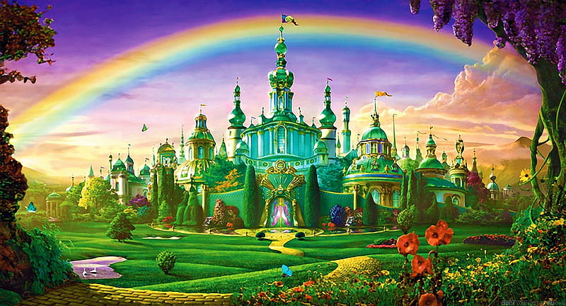 Magic place, magic, fantasy, rainbow, castle, HD wallpaper