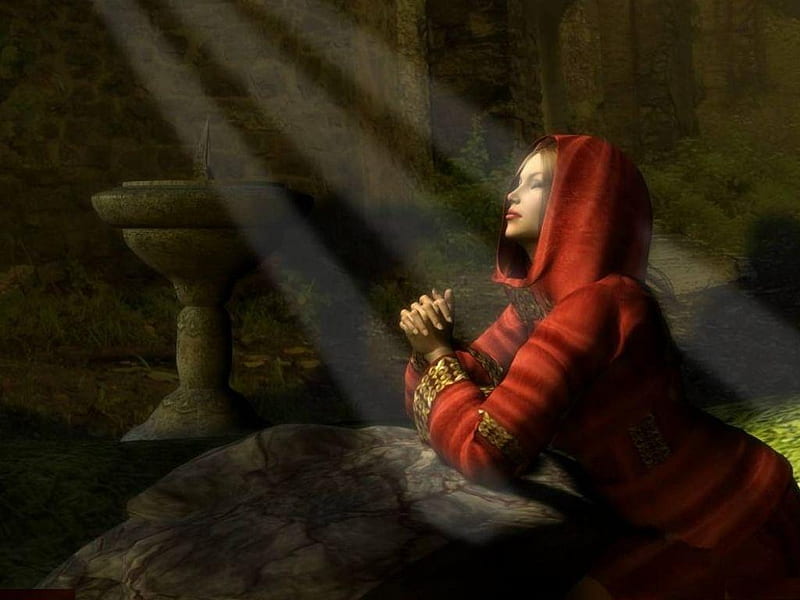 Morning Prays, red, robe, rock, sunshine, woman, HD wallpaper