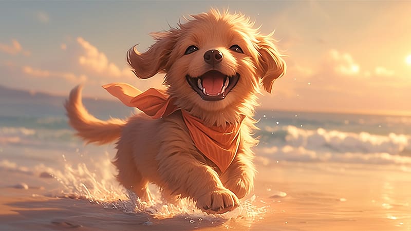 Puppy, caine, water, running, summer, beach, dog, sea, happy, smile, cute, vara, HD wallpaper