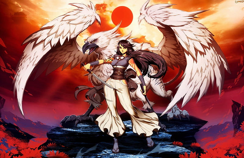 Stormdancer, original, bonito, sunset, woman, white eagle, fantasy, anime,  flowers, HD wallpaper | Peakpx