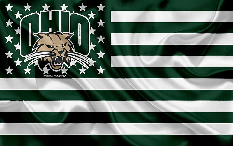 Ohio Bobcats, American football team, creative American flag, green white flag, NCAA, Athens, Ohio, USA, Ohio Bobcats logo, emblem, silk flag, American football, HD wallpaper