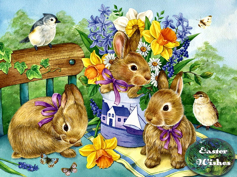 Easter Wishes F5Cmp, art, holiday, birds, illustration, artwork, Easter, bouquet, painting, wide screen, flowers, occasion, bunnies, HD wallpaper
