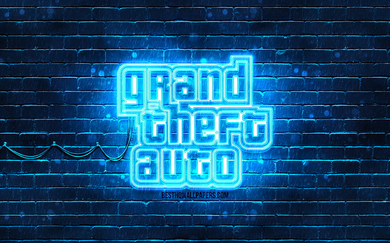 GTA blue logo blue brickwall, Grand Theft Auto, GTA logo, GTA neon logo, GTA, Grand Theft Auto logo, HD wallpaper