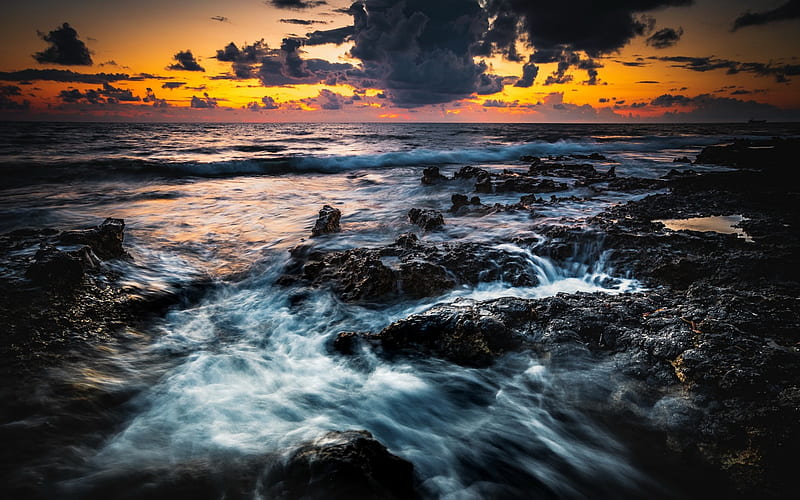 rocky coast, sunset, seascape, evening, waves, sea, clouds, HD wallpaper