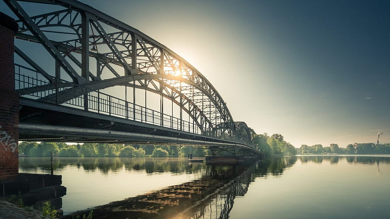 lovely iron bridge over wide river, arches, bridge, iron, river, sunshine, reflection, HD wallpaper
