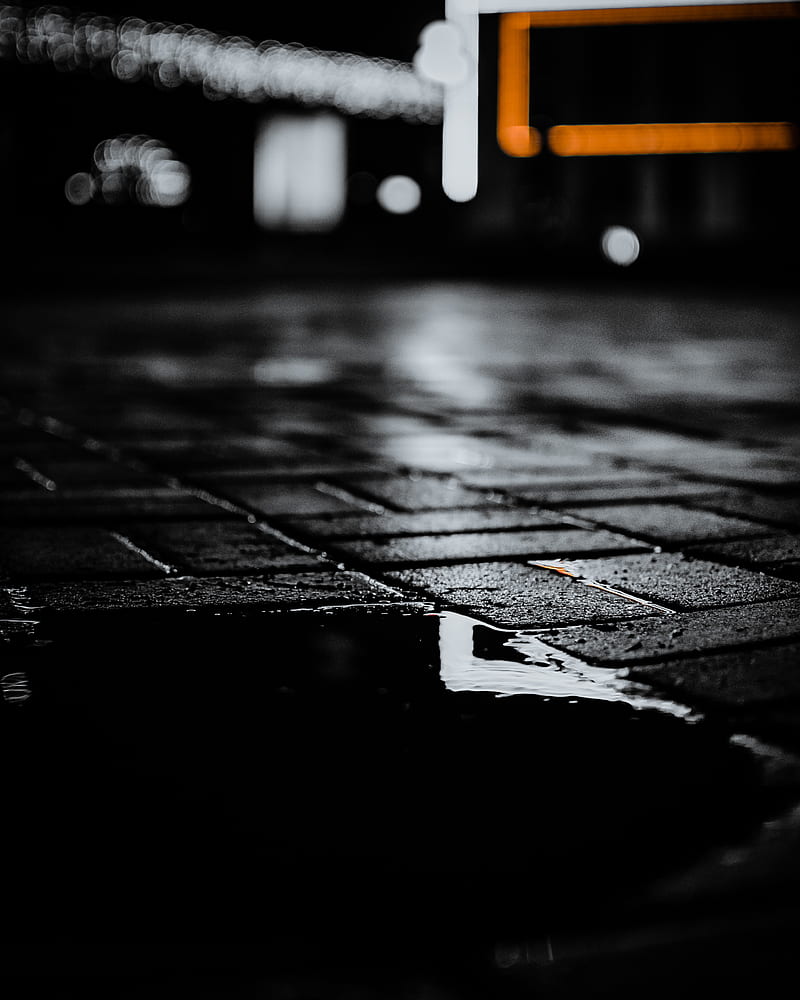 sidewalk, wet, dark, puddle, night, HD phone wallpaper