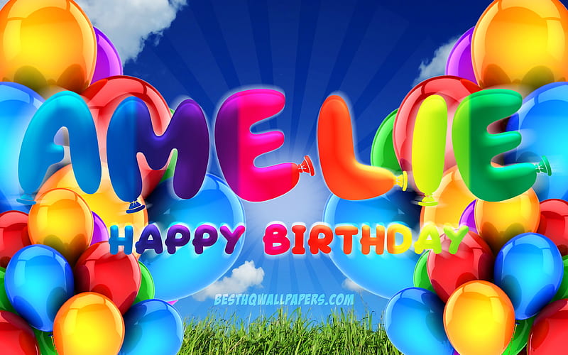 Amelie Happy Birtay cloudy sky background, popular german female names, Birtay Party, colorful ballons, Amelie name, Happy Birtay Amelie, Birtay concept, Amelie Birtay, Amelie, HD wallpaper