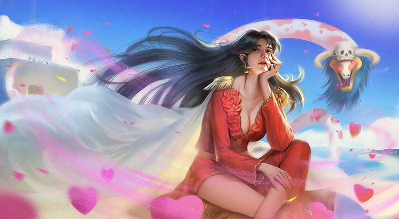 Boa Hancock, old zhang, dragon, red, frumusete, luminos, wind, fantasy, girl, petals, pink, blue, HD wallpaper