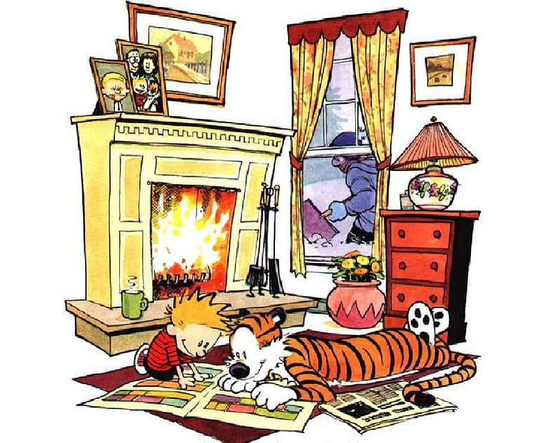 What To Do On A Winter Day, calvin, dad, fire, hobbes, shoveling, paper, HD wallpaper