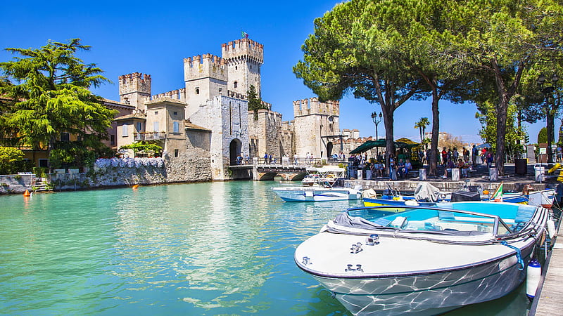 Scaliger Castle, Sirmione,Lago Di Garda, water, boat, Italy, reflection, trees, HD wallpaper