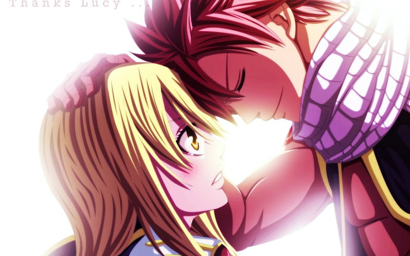 Natsu and Lucy, pretty, blush, Natsu Dragneel, anime boy, sweet, nice, anime, beauty, anime girl, long hair, couple, light, coupel, female, male, Lucy Heartfilia, smile, blonde hair, yellow eyes, short hair, cute, fairy tail, lover, pink hair, HD wallpaper