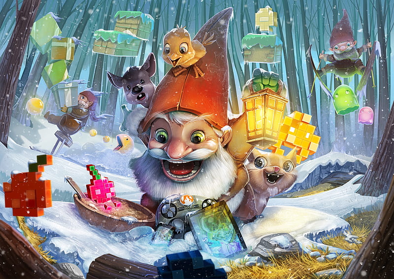 Merry Christmas!, red, yellow, illustration, animal, fantasy, davide tosello, blue, art, forest, luminos, craciun, christmas, elf, gnome, gift, winter, hat, santa, bird, snow, dwarf, white, HD wallpaper