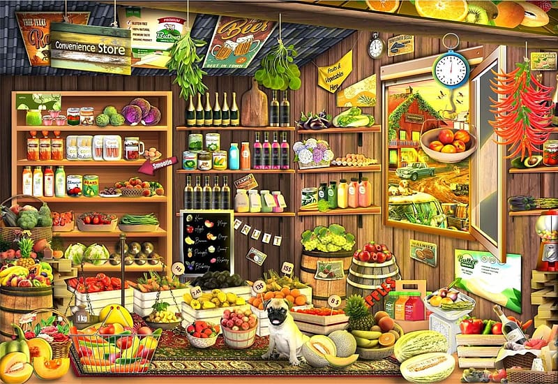 Country Store, fruits, vegetables, foodstuff, painting, window, bottles, HD wallpaper