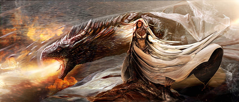 Daenerys Targaryen With His Dragon, game-of-thrones-season-8, daenerys-targaryen, dragon, game-of-thrones, tv-shows, artist, artwork, digital-art, HD wallpaper