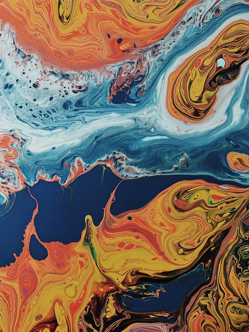 Abstract background of vivid waves of different colors paints randomly spreading over surface, HD phone wallpaper