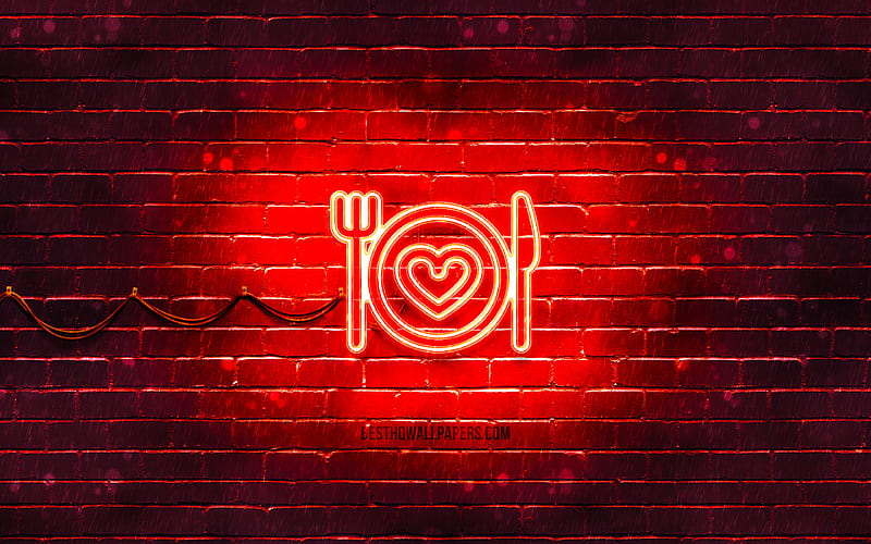 Love Food neon icon red background, neon symbols, Love Food, creative, neon icons, Love Food sign, food signs, Love Food icon, food icons, HD wallpaper