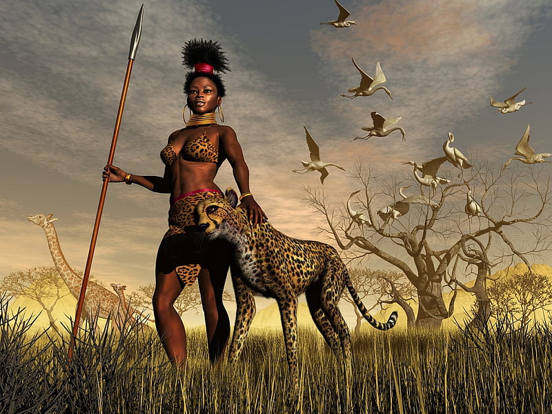 african girl, big, girl, african, cat, HD wallpaper