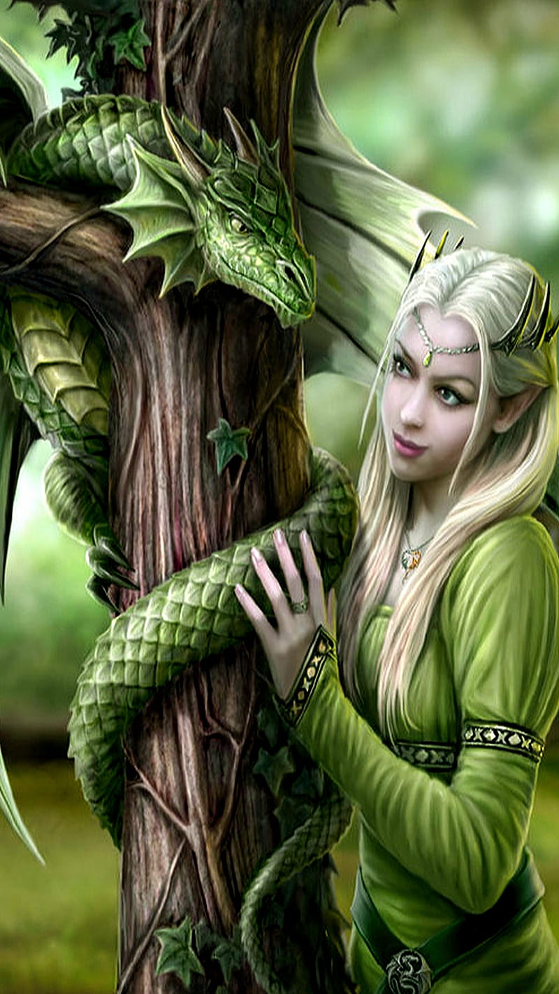 girl and dragon, fantasy, green, tree, HD phone wallpaper