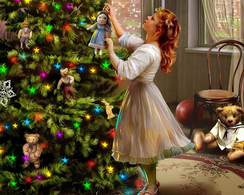 Christmas time, pretty, house, lights, nice, evening, lovely, holiday, christmas, time, decoration, new year, joy, noel, bells, gifts, colorful, home, bonito, woman, santa claus, young, painting, room, toys, stars, window, fun, candles, tree, girl, warmth, teddy bear, lady, HD wallpaper