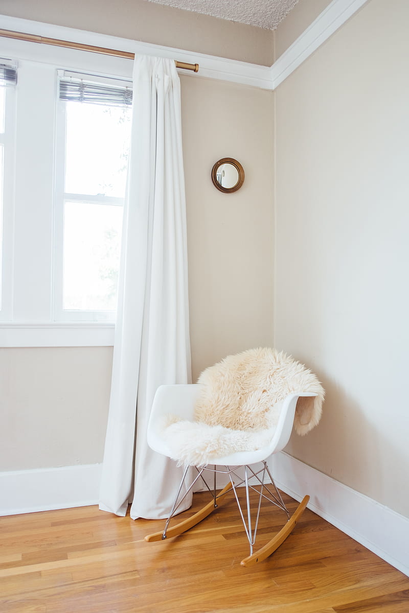 white and brown rocking chair near white painted wall and white window curtain, HD phone wallpaper