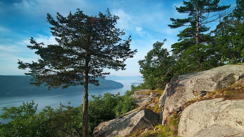 Lake George, Great Appalachian Valley, Adirondack mountains, NY, rocks, lake, mist, trees, landscape, usa, HD wallpaper