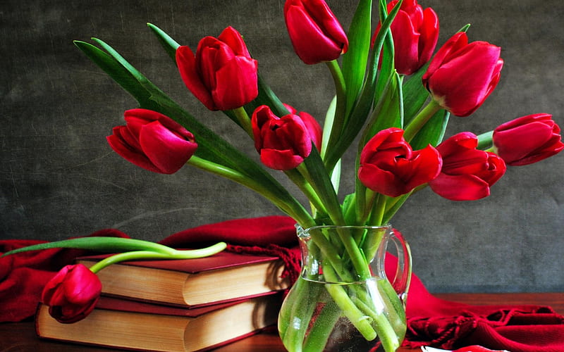 Still life with red tulips, Tulips, Books, Still life, Red tulips, Glass jug, HD wallpaper