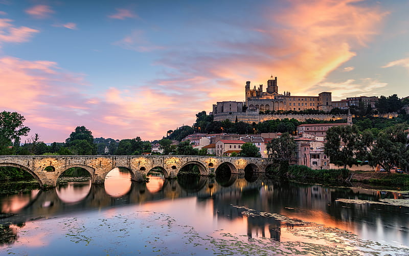 Beziers Cathedral, Orb, Roman Catholic church, evening, sunset, landmark, river, cityscape, Beziers, France, HD wallpaper
