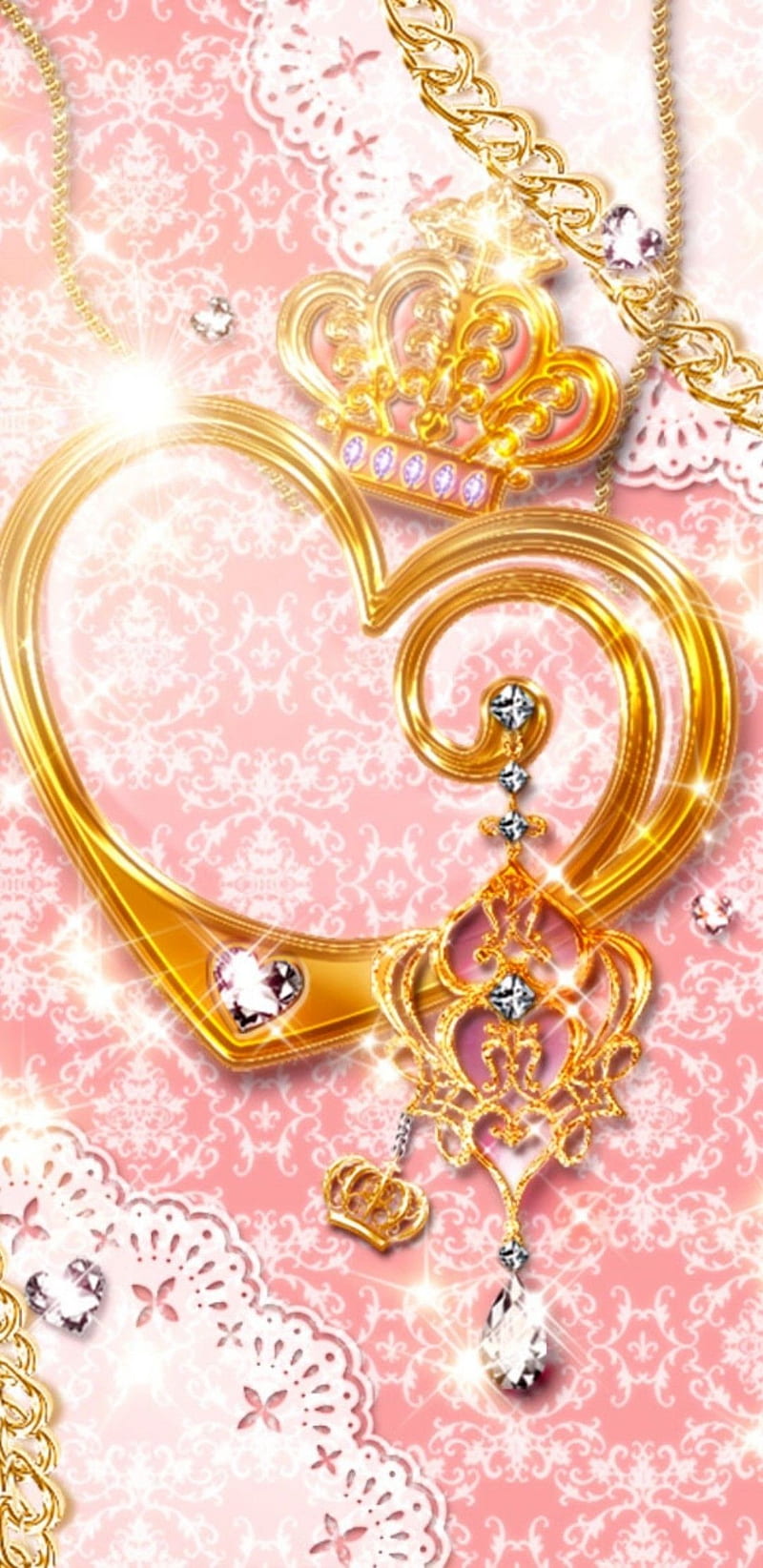 Charmed Heart, charm, crown, diamond, girly, golden, love, pink, pretty, HD phone wallpaper
