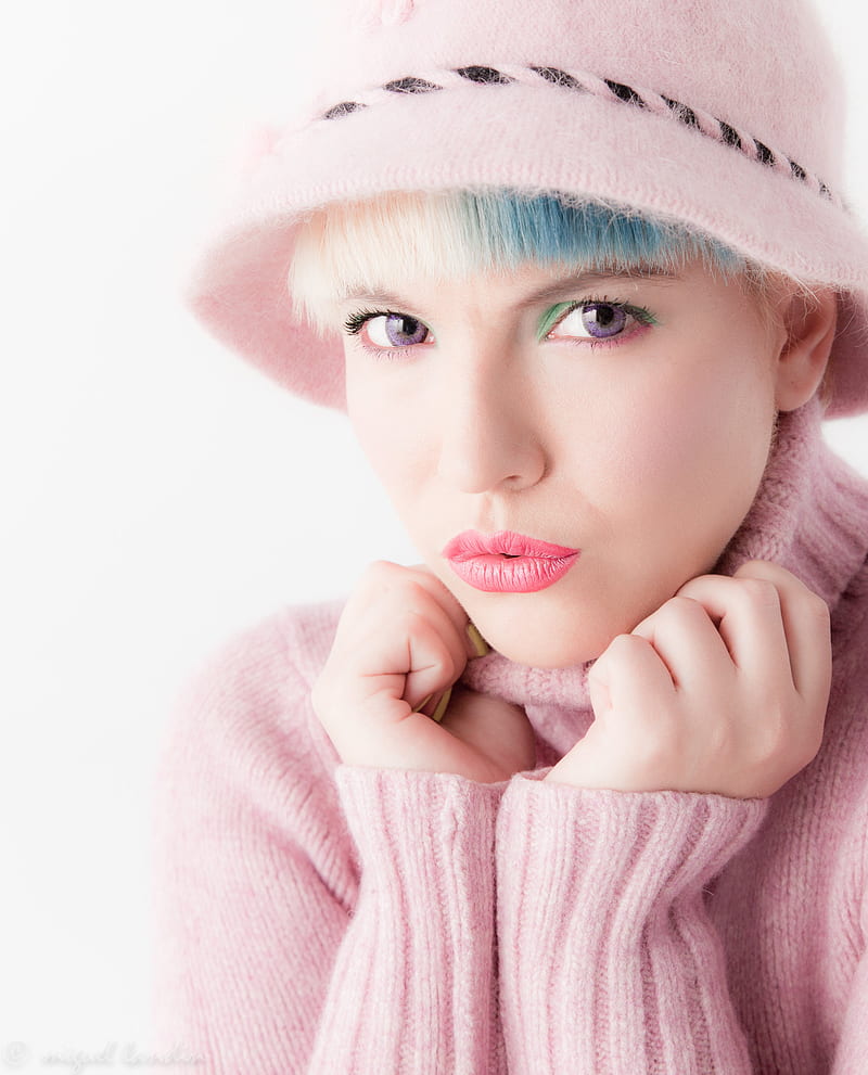 lips, pink sweater, pink lipstick, Spanish girls, women, model, HD phone wallpaper