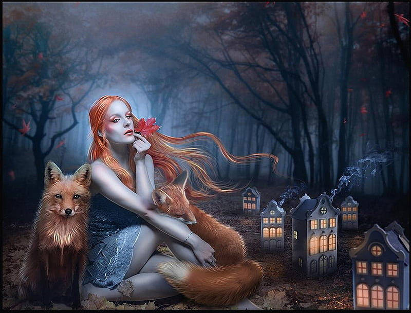 Autumn Night, forest, woman, fox, night, HD wallpaper